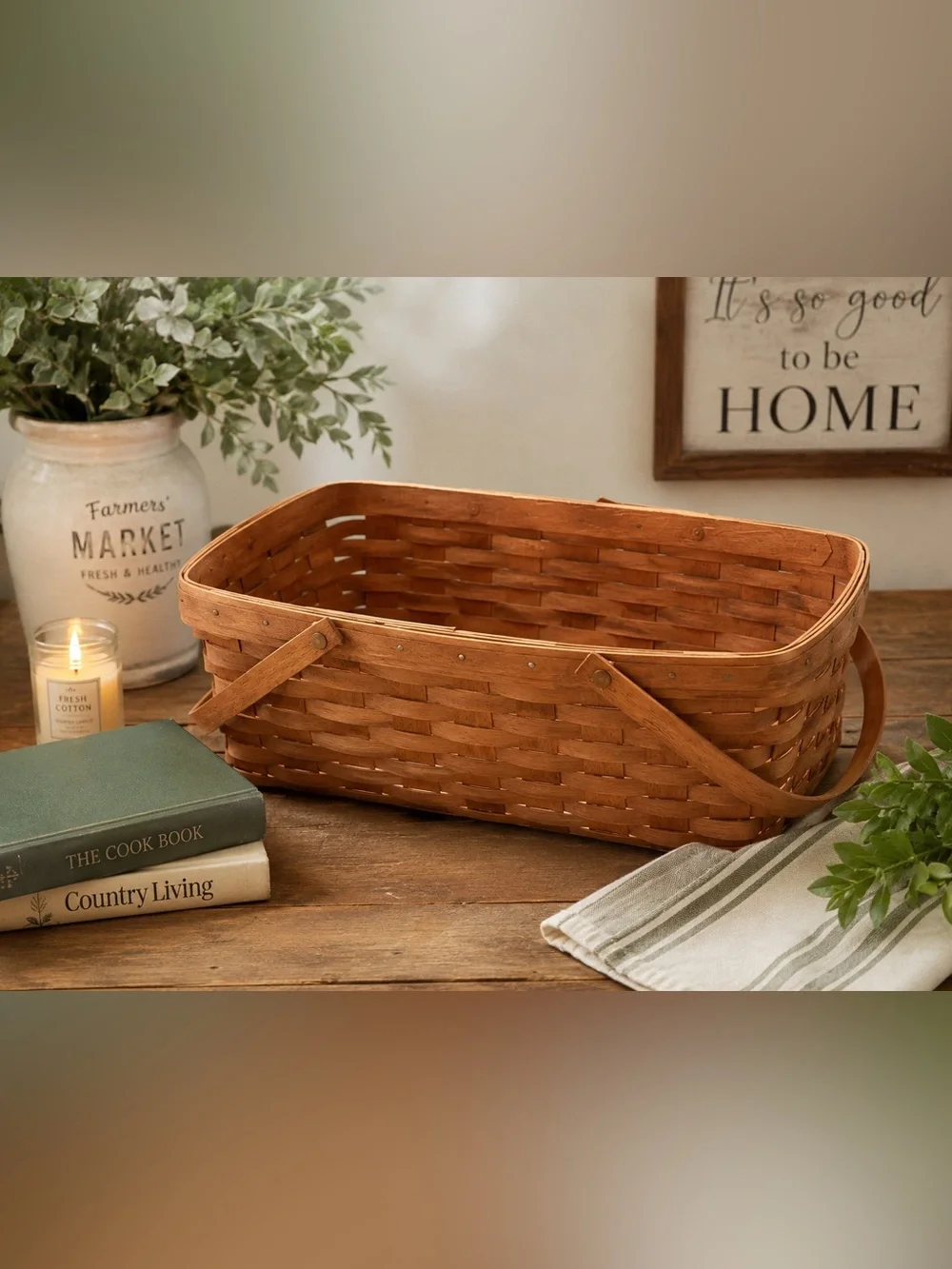 1992 Longaberger Large Gathering Basket Double Swing Handles 19”